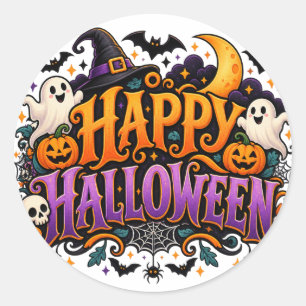 Pegatina Redonda Feliz Halloween Fantasmas Calaveras y Calabazas Pe