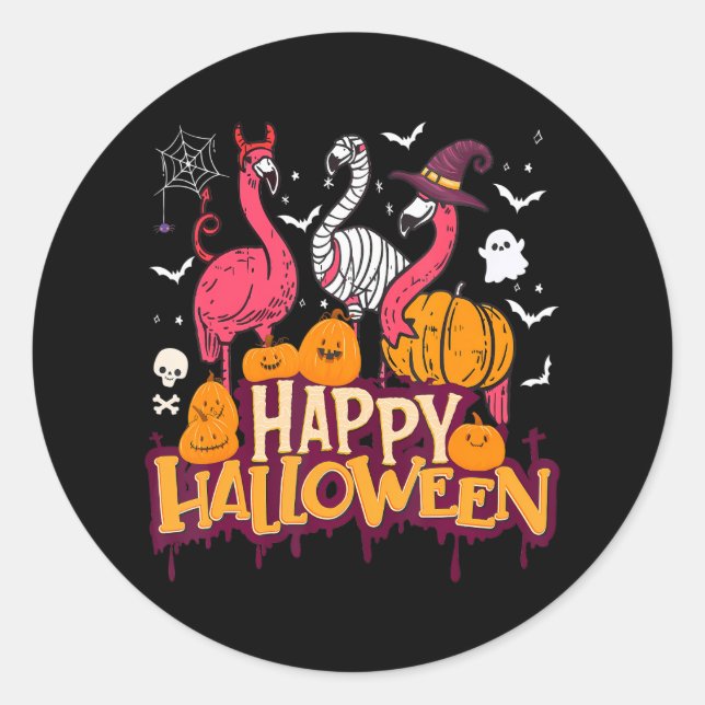 Pegatina Redonda Feliz Halloween Flamingo Witch Mummy for (Anverso)