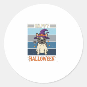 Pegatina Redonda Feliz Halloween French Bulldog Bruja Telaraña Ca