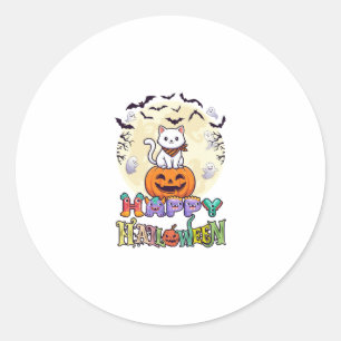 Pegatina Redonda Feliz Halloween Gato Blanco Calabaza Luna Murciéla