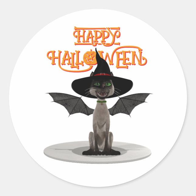 Pegatina Redonda Feliz Halloween. Gato con alas y gorra de bruja (Anverso)