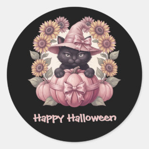 Pegatina Redonda Feliz Halloween Gato Negro Calabaza Rosa