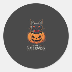 Pegatina Redonda Feliz Halloween Gato Negro Diseño de Calabaza_1