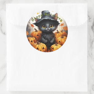 Pegatina Redonda Feliz Halloween Gatos Negros Calabazas