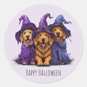Pegatina Redonda Feliz Halloween Golden Retriever Dogers Witches