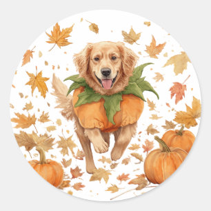 Pegatina Redonda Feliz Halloween Golden Retriever Otoño Calabaza