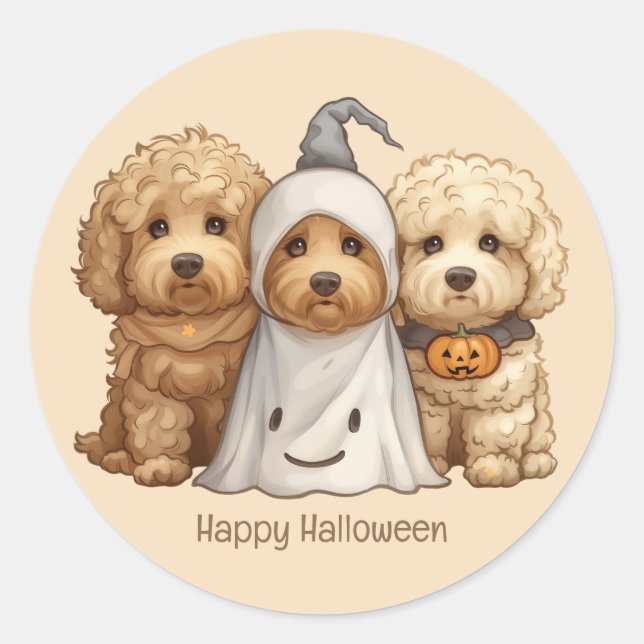 Pegatina Redonda Feliz Halloween Goldendoodle Dogs (Anverso)