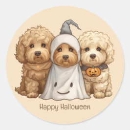 Pegatina Redonda Feliz Halloween Goldendoodle Dogs