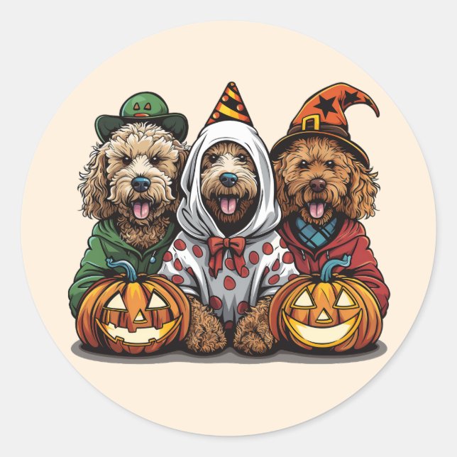 Pegatina Redonda Feliz Halloween Goldendoodle Dogs (Anverso)