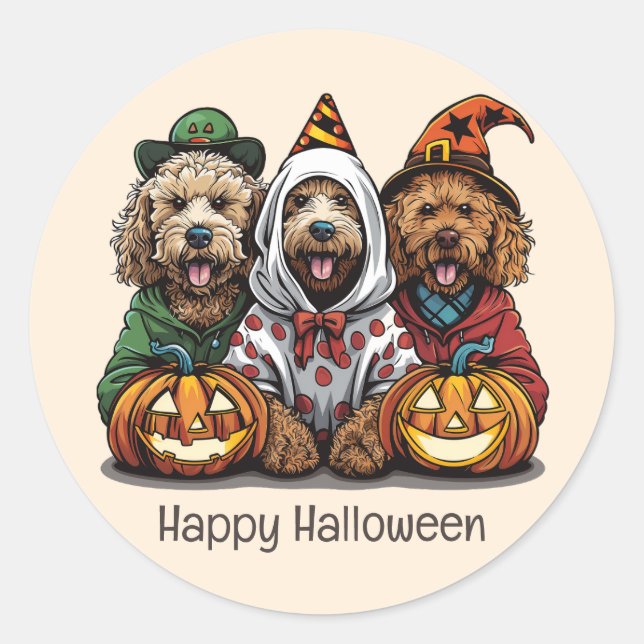 Pegatina Redonda Feliz Halloween Goldendoodle Dogs (Anverso)