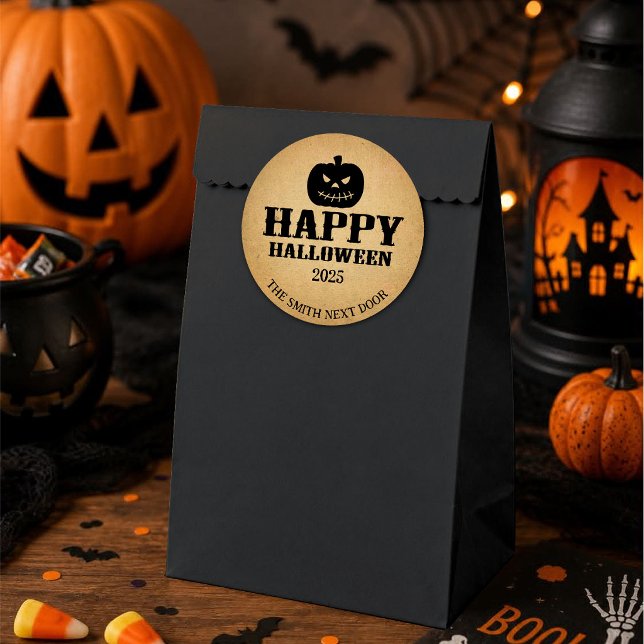 Pegatina Redonda Feliz Halloween Jack-O-Lantern Papel Marrón (Subido por el creador)