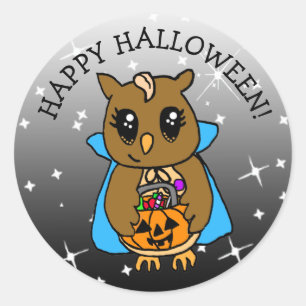 Pegatina Redonda Feliz Halloween Lechuza Whimsical con Candy
