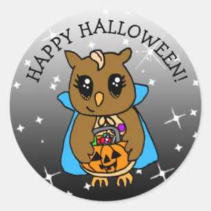 Pegatina Redonda Feliz Halloween Lechuza Whimsical con Candy