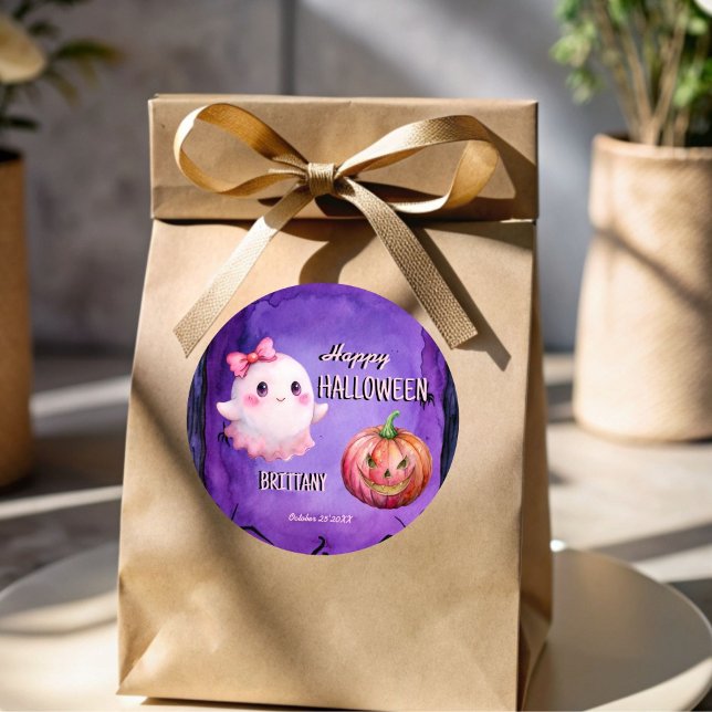 Pegatina Redonda Feliz Halloween lindo fantasma rosado (Happy Halloween cute pink ghost jack-o-lantern purple Halloween Sticker)