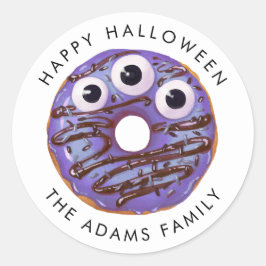 Pegatina Redonda Feliz Halloween Morada Tres Monstruos Oídos Donut