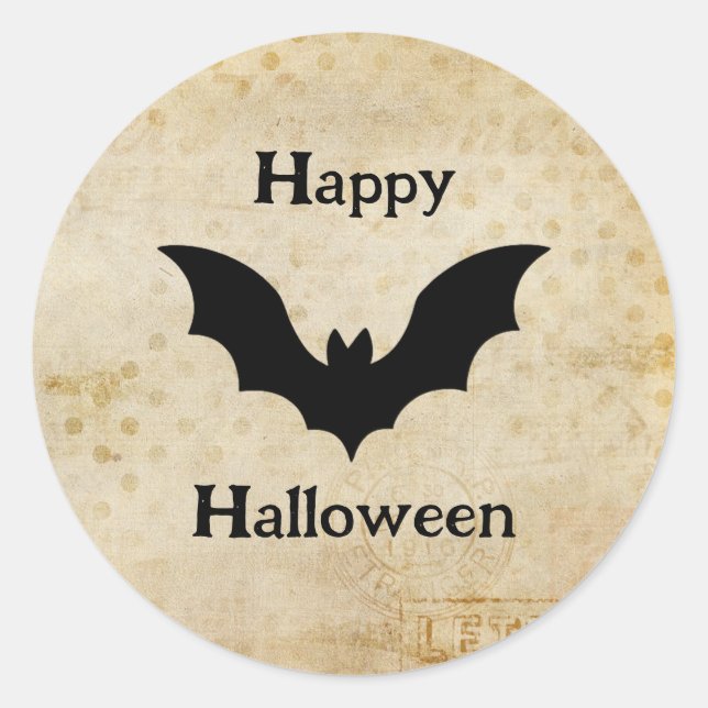 Pegatina Redonda Feliz Halloween Murciélago Antiguo Espeluznante (Anverso)