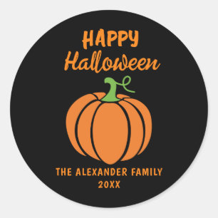 Pegatina Redonda Feliz Halloween Naranja Calabaza Negra