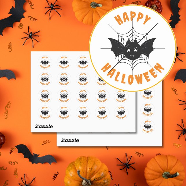Pegatina Redonda Feliz Halloween: Pegatinas redondos negros y Naran (Black & Orange Halloween Bat Stickers.)