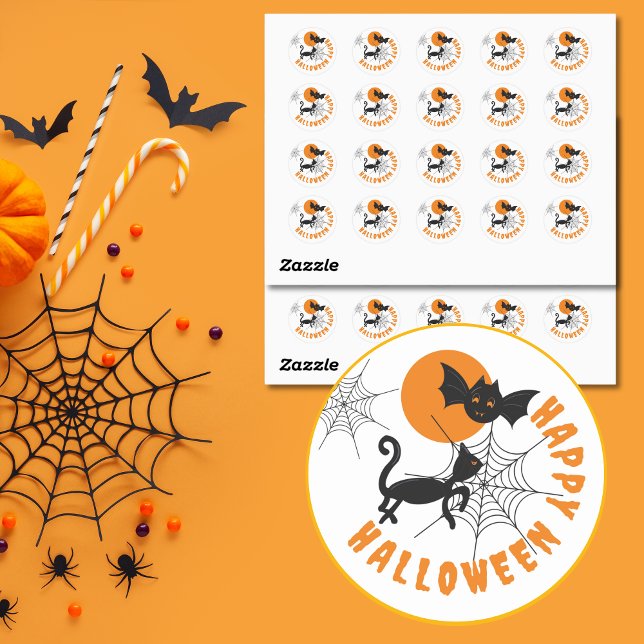 Pegatina Redonda Feliz Halloween: Pegatinas redondos negros y Naran (Black & Orange Halloween Black Cat Stickers.)