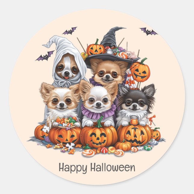 Pegatina Redonda Feliz Halloween Perros Chihuahua (Anverso)