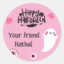 Pegatina Redonda Feliz Halloween Personalizado con Fantasma Rosa Li