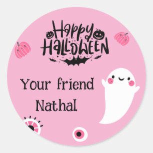Pegatina Redonda Feliz Halloween Personalizado con Fantasma Rosa Li