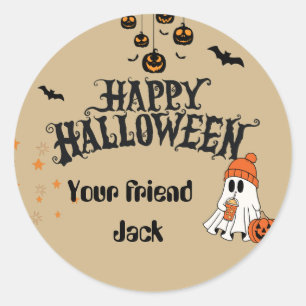 Pegatina Redonda Feliz Halloween personalizado con marrón fantasma