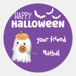 Pegatina Redonda Feliz Halloween personalizado con un ghost purpl