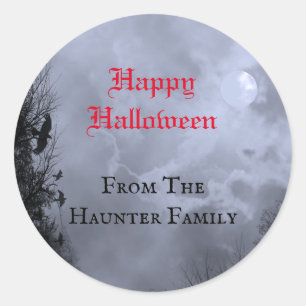 Pegatina Redonda Feliz Halloween personalizado Luna Llena Roja y Cu