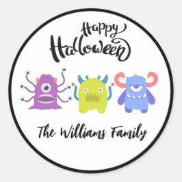 Pegatina Redonda Feliz Halloween Personalizado Monstruos Cute nombr