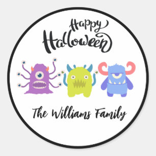 Pegatina Redonda Feliz Halloween Personalizado Monstruos Cute nombr