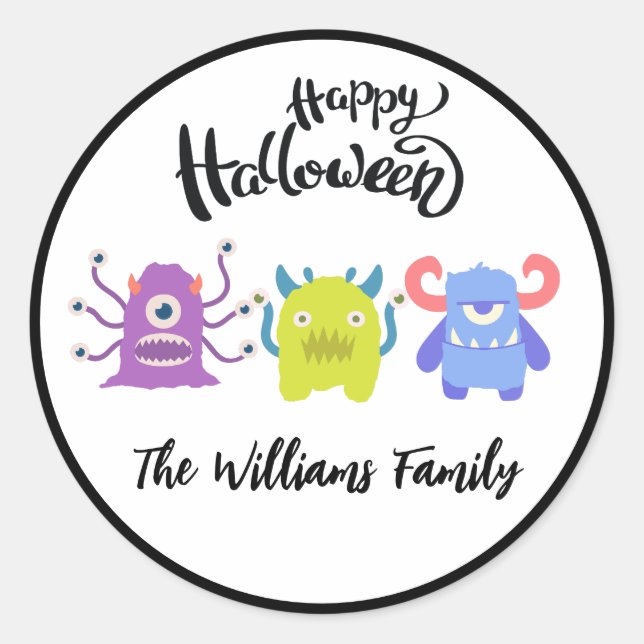 Pegatina Redonda Feliz Halloween Personalizado Monstruos Cute nombr (Anverso)