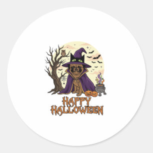 Pegatina Redonda Feliz Halloween Pug Sombrero de Bruja Caldero Cala