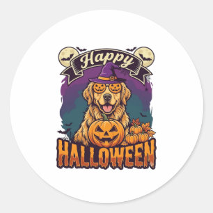 Pegatina Redonda Feliz Halloween Retriever Dorado Sombrero de Bruja