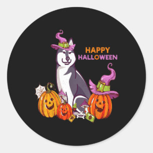 Pegatina Redonda Feliz Halloween Siberian Husky Divertido Lindo