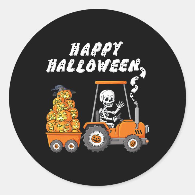 Pegatina Redonda Feliz Halloween Skeleton Riding Tractor Niños (Anverso)