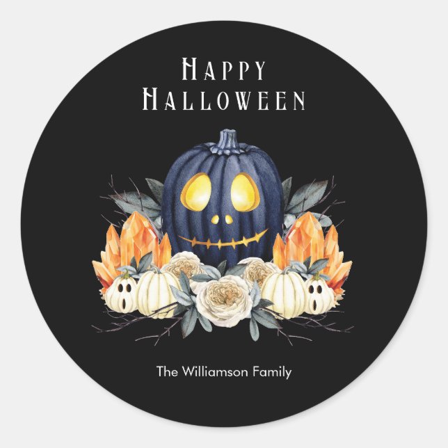 Pegatina Redonda Feliz Halloween Spooky Samhain Pumpkins Crystals (Anverso)