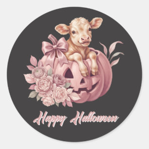 Pegatina Redonda Feliz Halloween Ternera Bebé en Calabaza Rosa