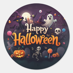 Pegatina Redonda Feliz Halloween todos los elementos