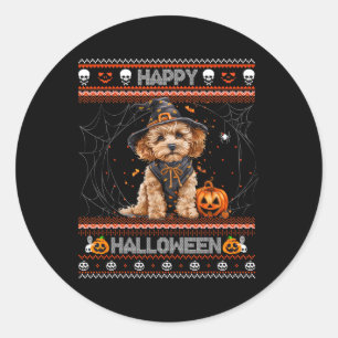 Pegatina Redonda Feliz Halloween Ugly Poodle Howl-o-ween Pumpkin Do