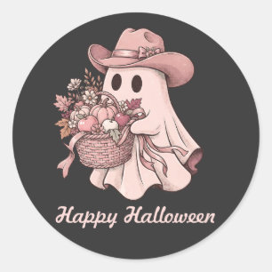 Pegatina Redonda Feliz Halloween Vaca Fantasma Rosa