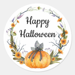Pegatina Redonda Feliz Halloween Watercolor Calabaza Wreath