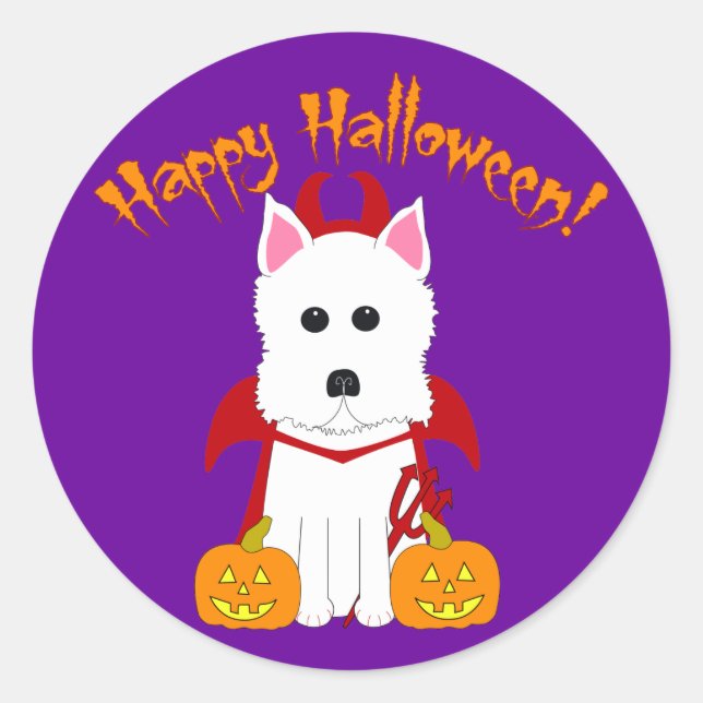 Pegatina Redonda Feliz Halloween Westie Devil (Anverso)