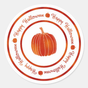 Pegatina Redonda Feliz Halloween y Calabaza Naranja Brillo Glam Mod