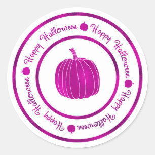 Pegatina Redonda Feliz Halloween y calabaza púrpura brillo glamuros