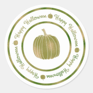 Pegatina Redonda Feliz Halloween y Pumpkin Verde Brillo Glam Moda