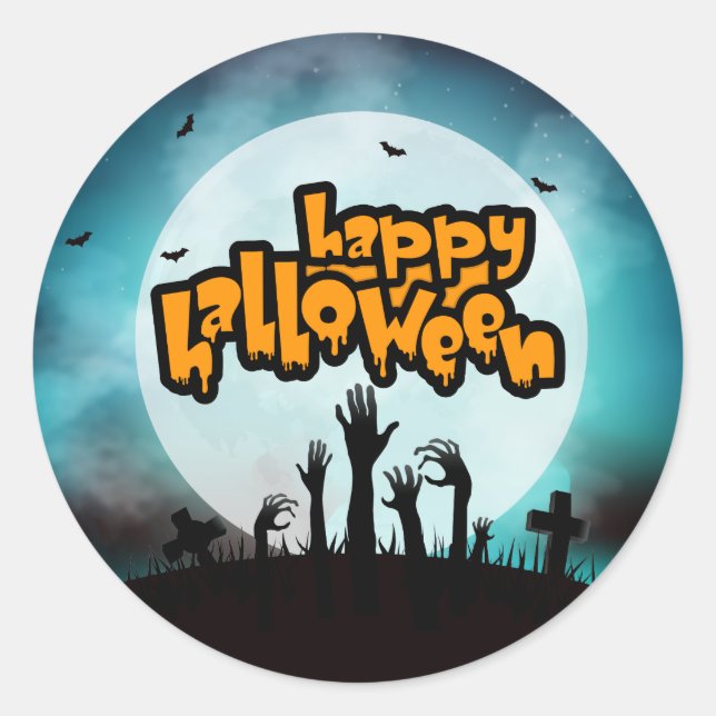 Pegatina Redonda Feliz Halloween Zombie Spooky Graveyard (Anverso)