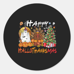 Pegatina Redonda Feliz Hallowgraciasnavidad Otoño Navidad Halloween