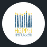 Pegatina Redonda Feliz Hanukkah<br><div class="desc">Estas velas de Hanukkah harán que tu decoración sea perfecta. Perfecto para las toallas o los placares.</div>