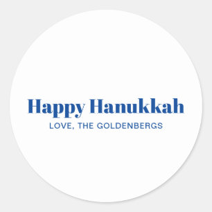 Pegatina Redonda Feliz Hanukkah azul blanco minimalista personaliza